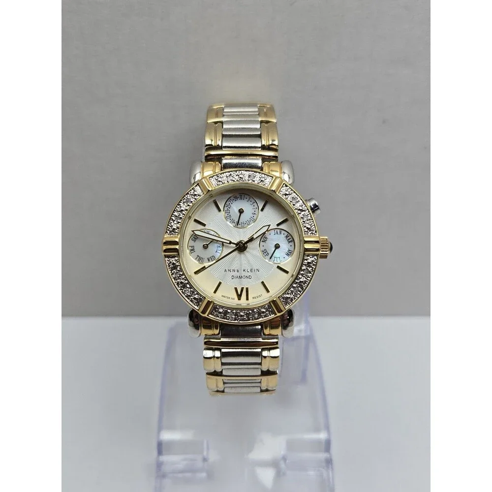 Womens Anne Klein Diamond 30mm Two Tone Mother Of Pearl Dress Watch New Battery